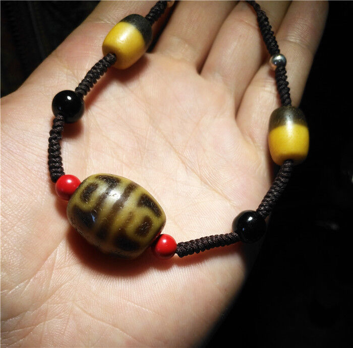 Real Old Ancient Himalayan Lotus Dzi Bead Amulet Bracelet Tibetan Pure Gzi Six Eyes Genuine Antique Agate Talisman