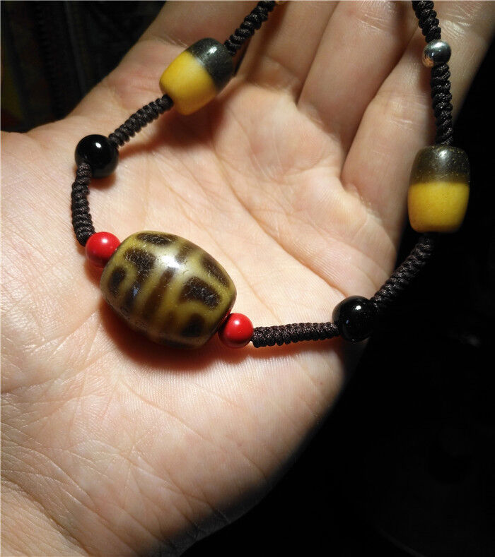 Real Old Ancient Himalayan Lotus Dzi Bead Amulet Bracelet Tibetan Pure Gzi Six Eyes Genuine Antique Agate Talisman