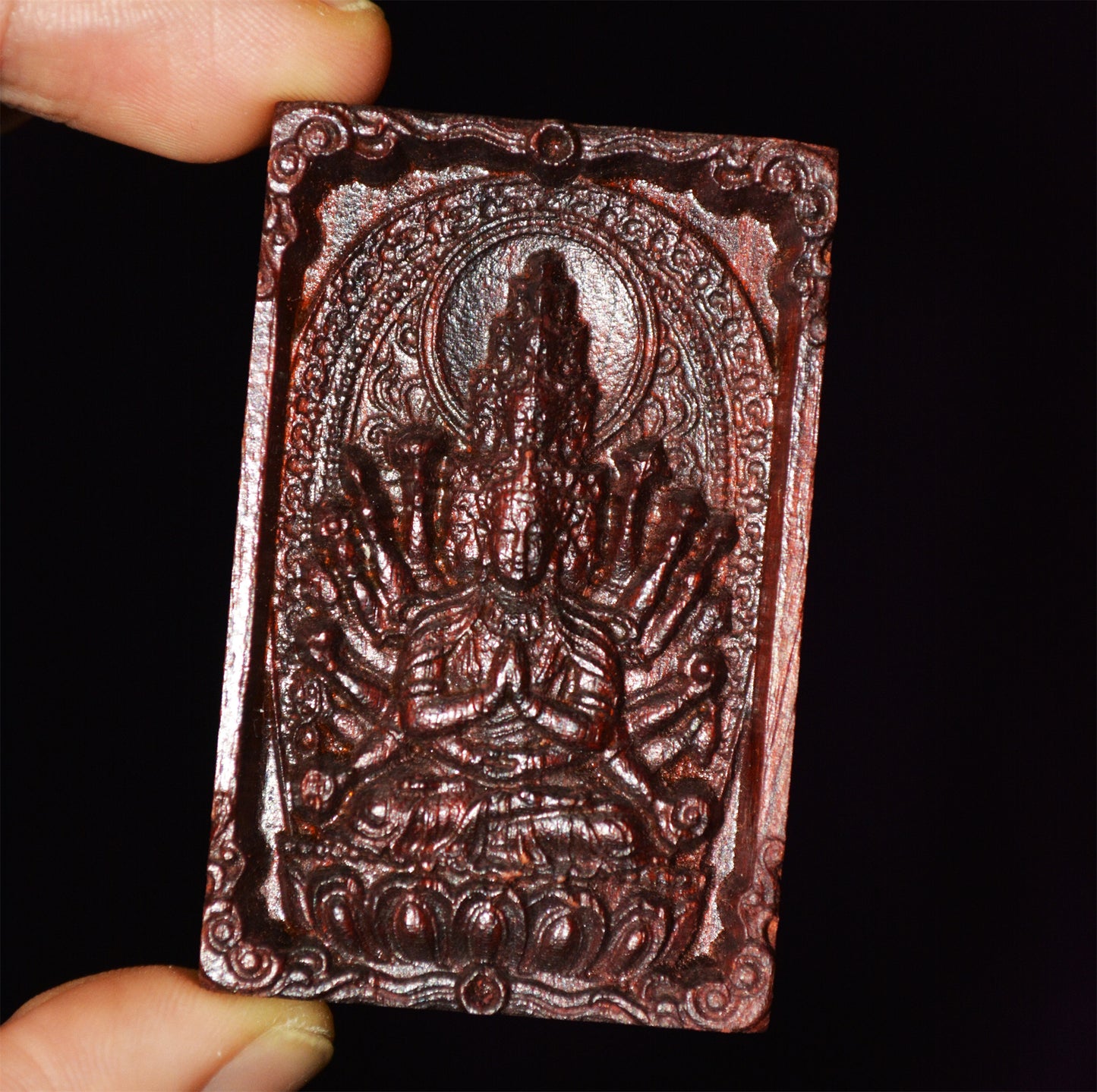 Real Red Sandalwood Kwan Yin Buddha Pendant Zitan Wood Amulet Chinese Guanyin Thousand Hands Arms Quan Yin