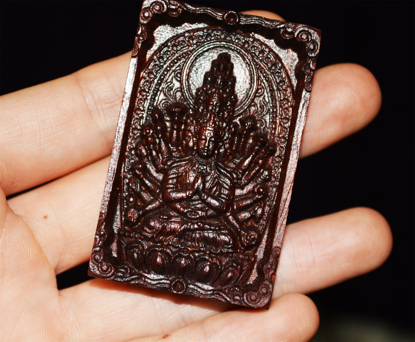 Real Red Sandalwood Kwan Yin Buddha Pendant Zitan Wood Amulet Chinese Guanyin Thousand Hands Arms Quan Yin