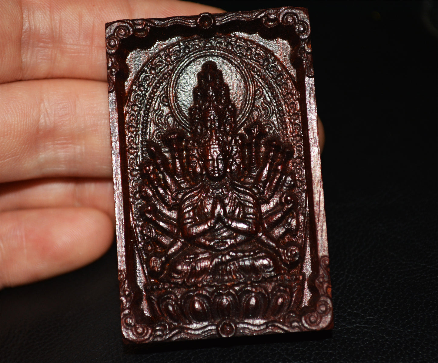 Real Red Sandalwood Kwan Yin Buddha Pendant Zitan Wood Amulet Chinese Guanyin Thousand Hands Arms Quan Yin