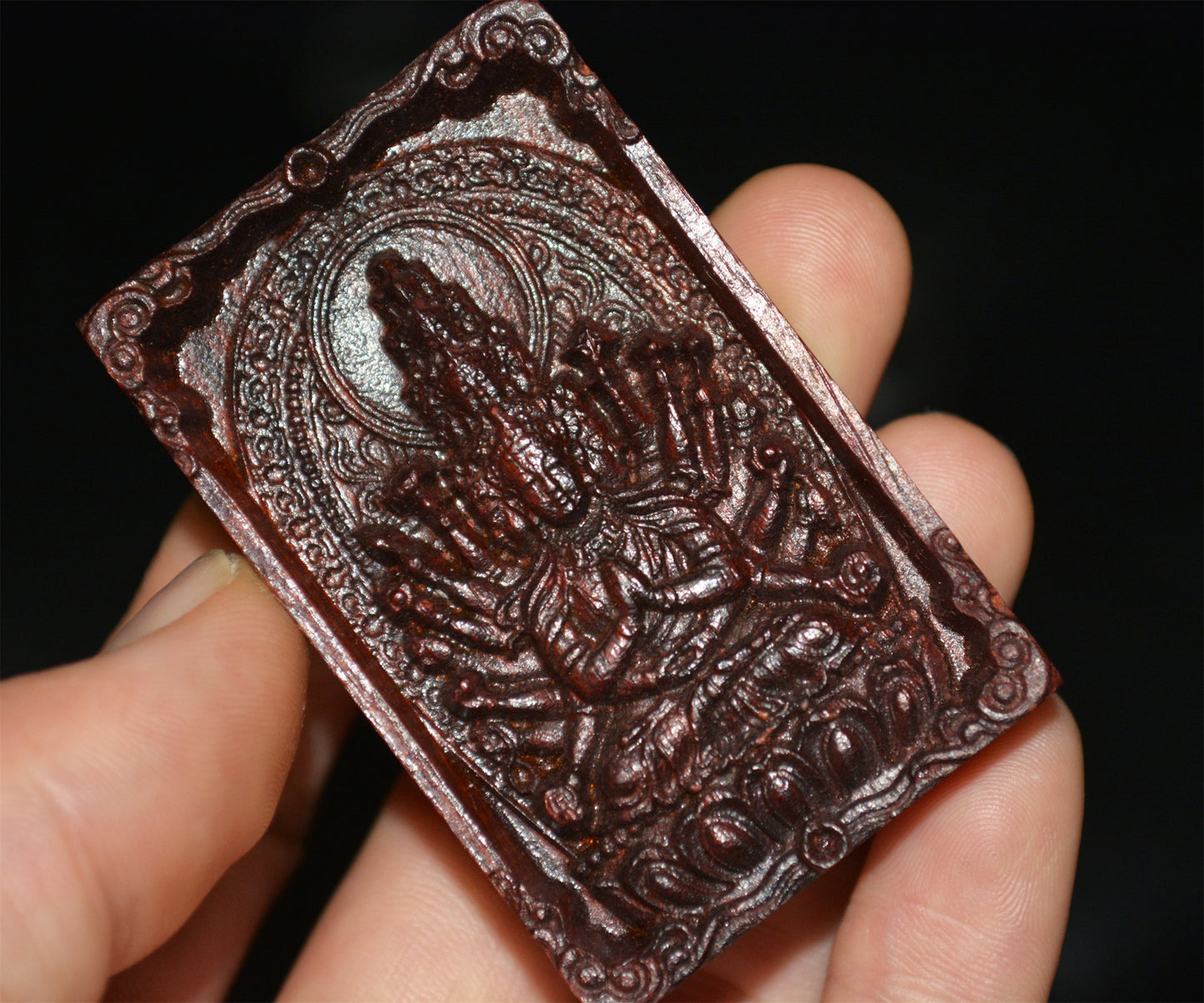 Real Red Sandalwood Kwan Yin Buddha Pendant Zitan Wood Amulet Chinese Guanyin Thousand Hands Arms Quan Yin