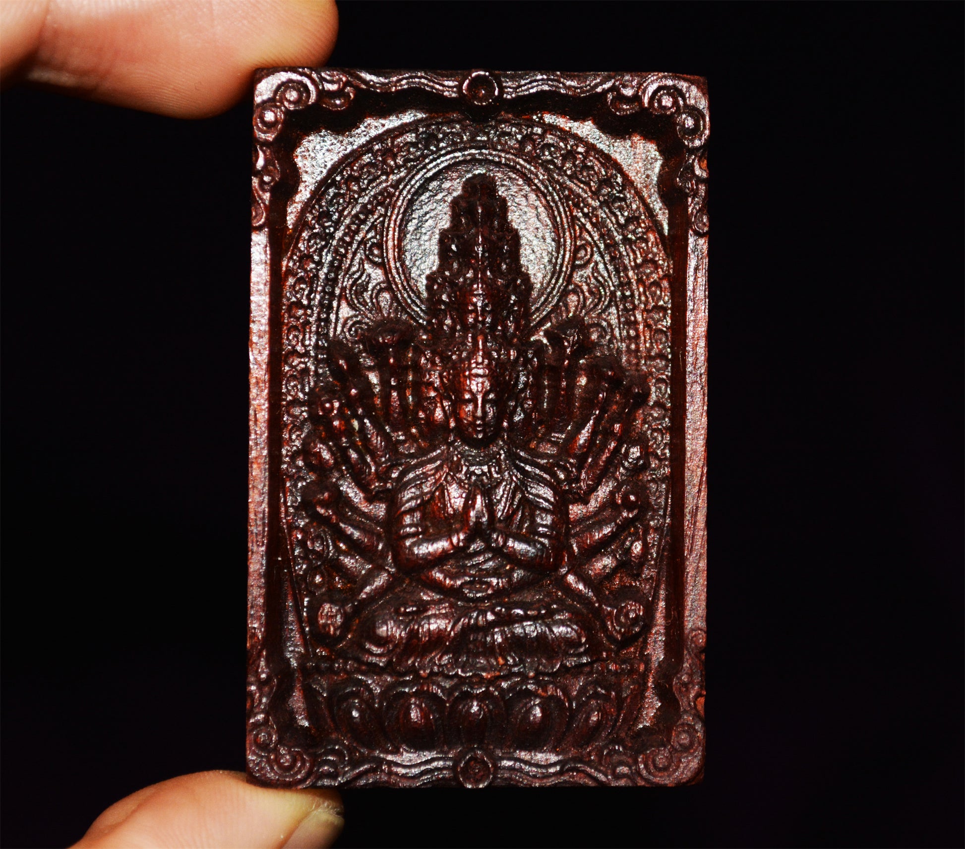 Real Red Sandalwood Kwan Yin Buddha Pendant Zitan Wood Amulet Chinese Guanyin Thousand Hands Arms Quan Yin