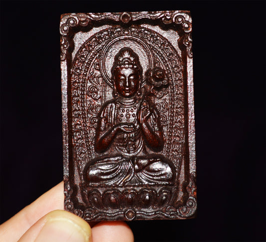 Real Red Sandalwood Kwan Yin Buddha Pendant Zitan Wood Amulet Chinese Guanyin Quan Yin