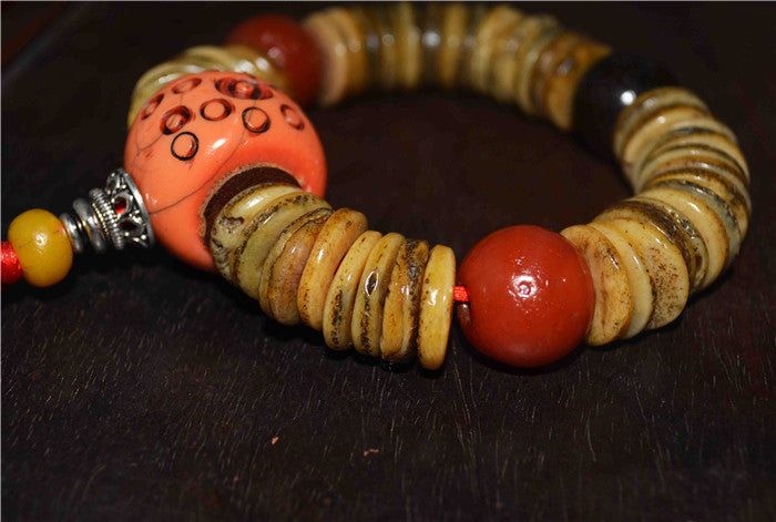 Real Tibet Old Antique Kapala Bone Mala Prayer Beads Bracelet Rosary Himalayan Red Pema Raka Agate Buddhism Worry Amulet