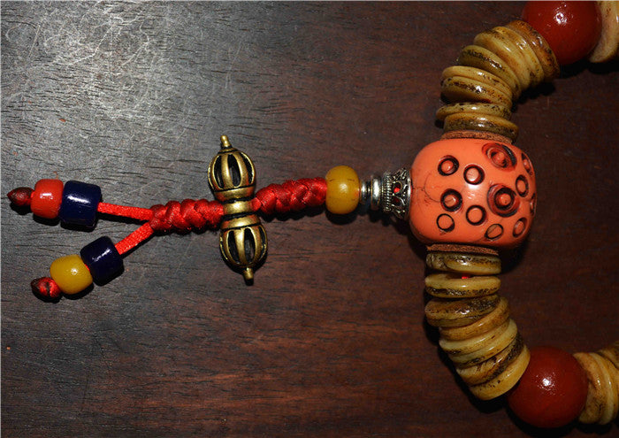 Real Tibet Old Antique Kapala Bone Mala Prayer Beads Bracelet Rosary Himalayan Red Pema Raka Agate Buddhism Worry Amulet