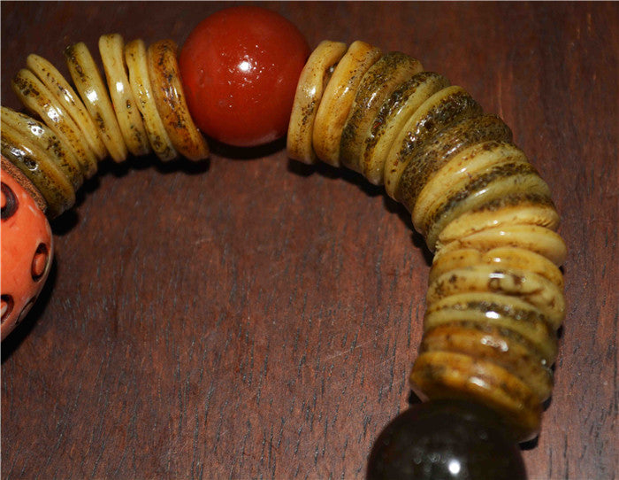 Real Tibet Old Antique Kapala Bone Mala Prayer Beads Bracelet Rosary Himalayan Red Pema Raka Agate Buddhism Worry Amulet