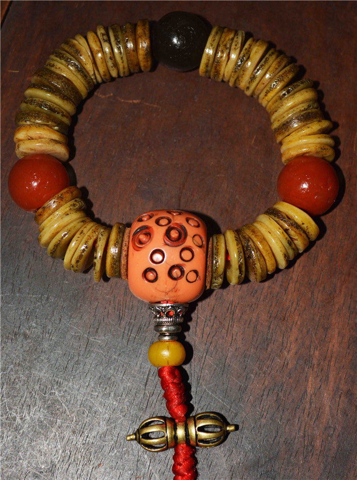 Real Tibet Old Antique Kapala Bone Mala Prayer Beads Bracelet Rosary Himalayan Red Pema Raka Agate Buddhism Worry Amulet