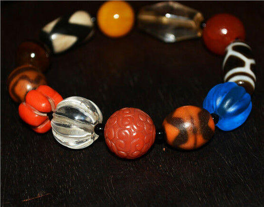 Real Tibetan Ancient Dzi Bead Bracelet Tiger Tooth Lotus Amulet Red Coral Old Antique Himalaya Mala Talisman