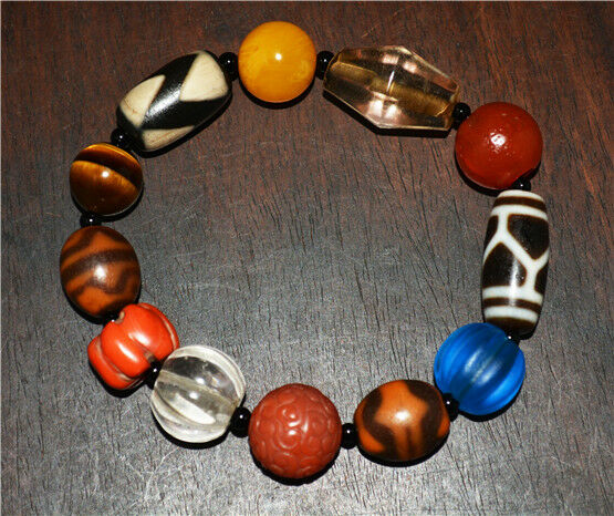 Real Tibetan Ancient Dzi Bead Bracelet Tiger Tooth Lotus Amulet Red Coral Old Antique Himalaya Mala Talisman