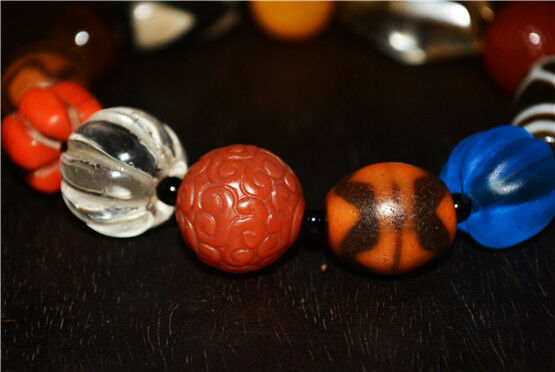 Real Tibetan Ancient Dzi Bead Bracelet Tiger Tooth Lotus Amulet Red Coral Old Antique Himalaya Mala Talisman