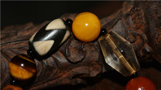 Real Tibetan Ancient Dzi Bead Bracelet Tiger Tooth Lotus Amulet Red Coral Old Antique Himalaya Mala Talisman