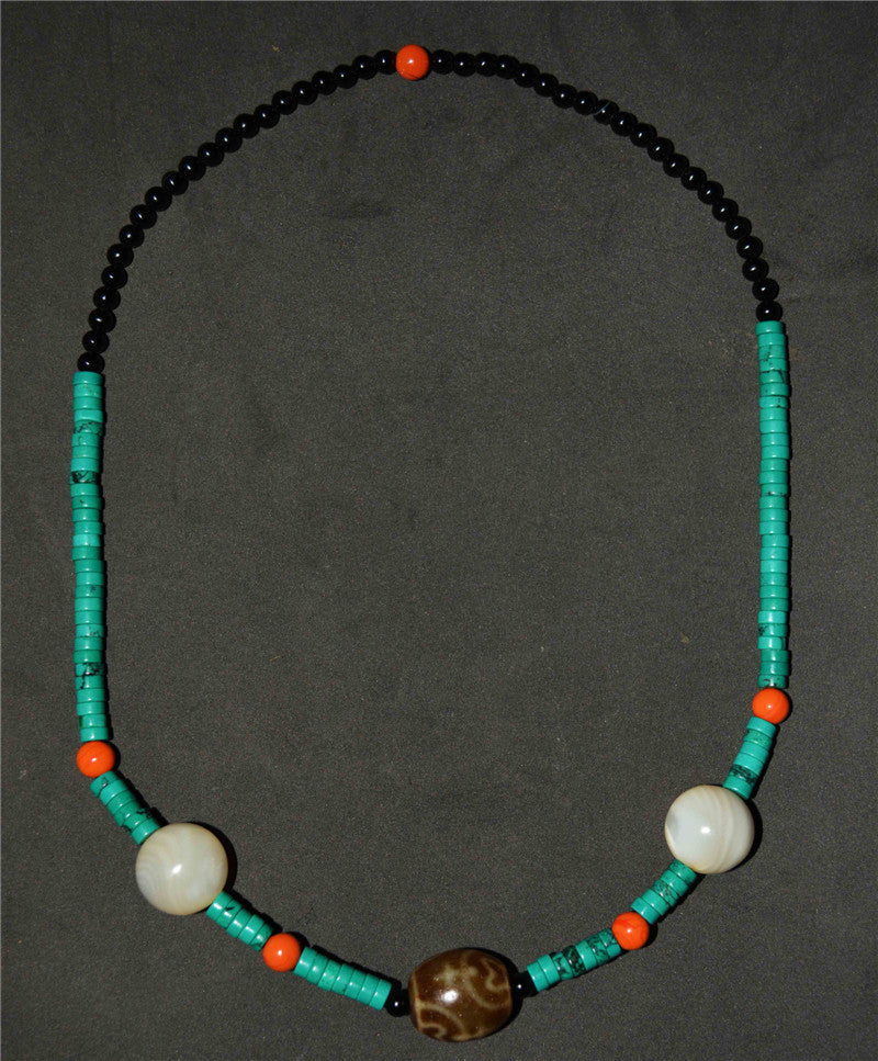 Real Tibetan Ancient Nectar Bottle Dzi Bead Turquoise Necklace Himalaya Amulet