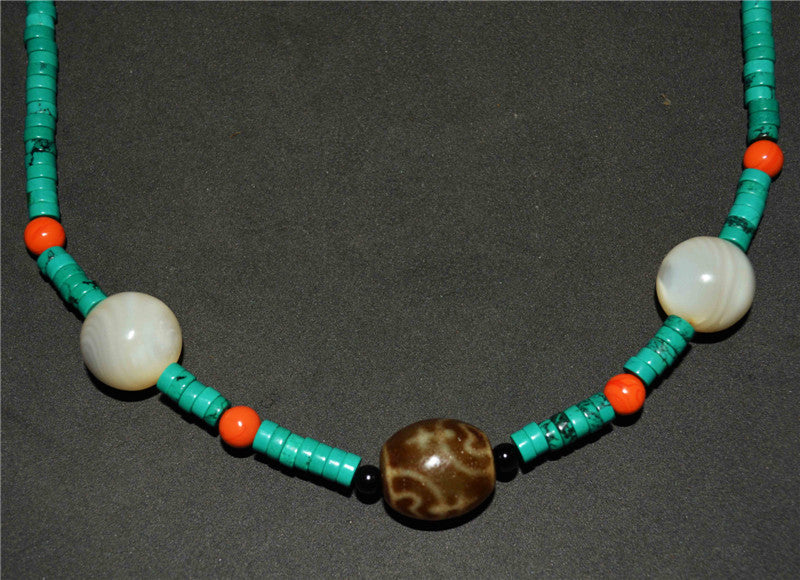 Real Tibetan Ancient Nectar Bottle Dzi Bead Turquoise Necklace Himalaya Amulet