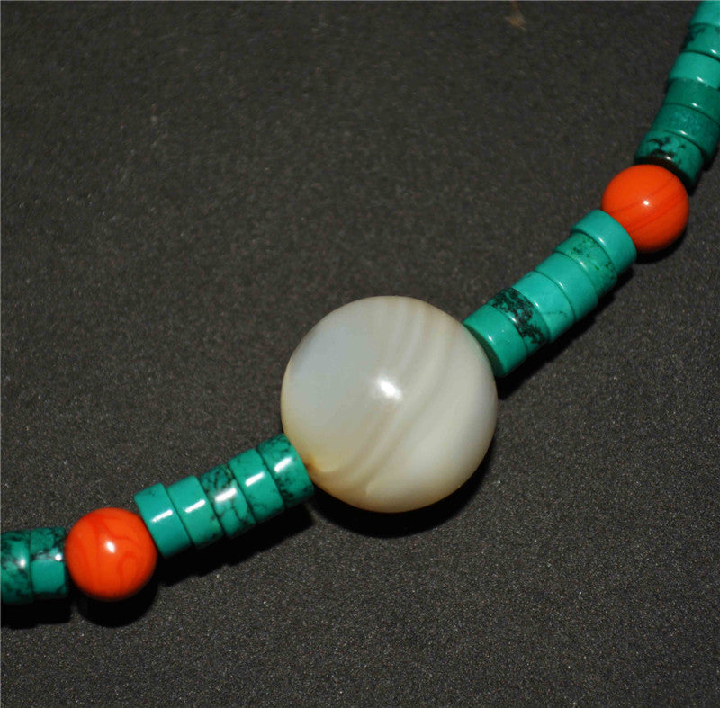 Real Tibetan Ancient Nectar Bottle Dzi Bead Turquoise Necklace Himalaya Amulet