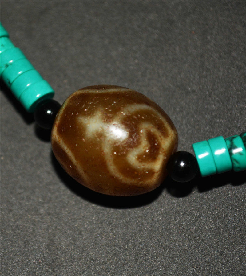 Real Tibetan Ancient Nectar Bottle Dzi Bead Turquoise Necklace Himalaya Amulet