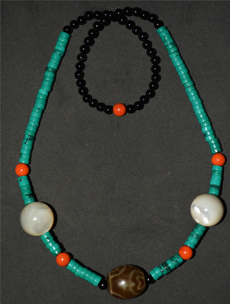 Real Tibetan Ancient Nectar Bottle Dzi Bead Turquoise Necklace Himalaya Amulet