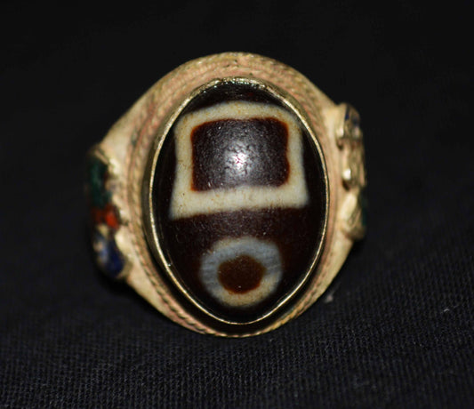 Real Tibetan Ancient Sakor Namkor Dzi Bead Ring Amulet Himalaya Pure Heaven and Earth Gzi Genuine Old Antique Agate Talisman