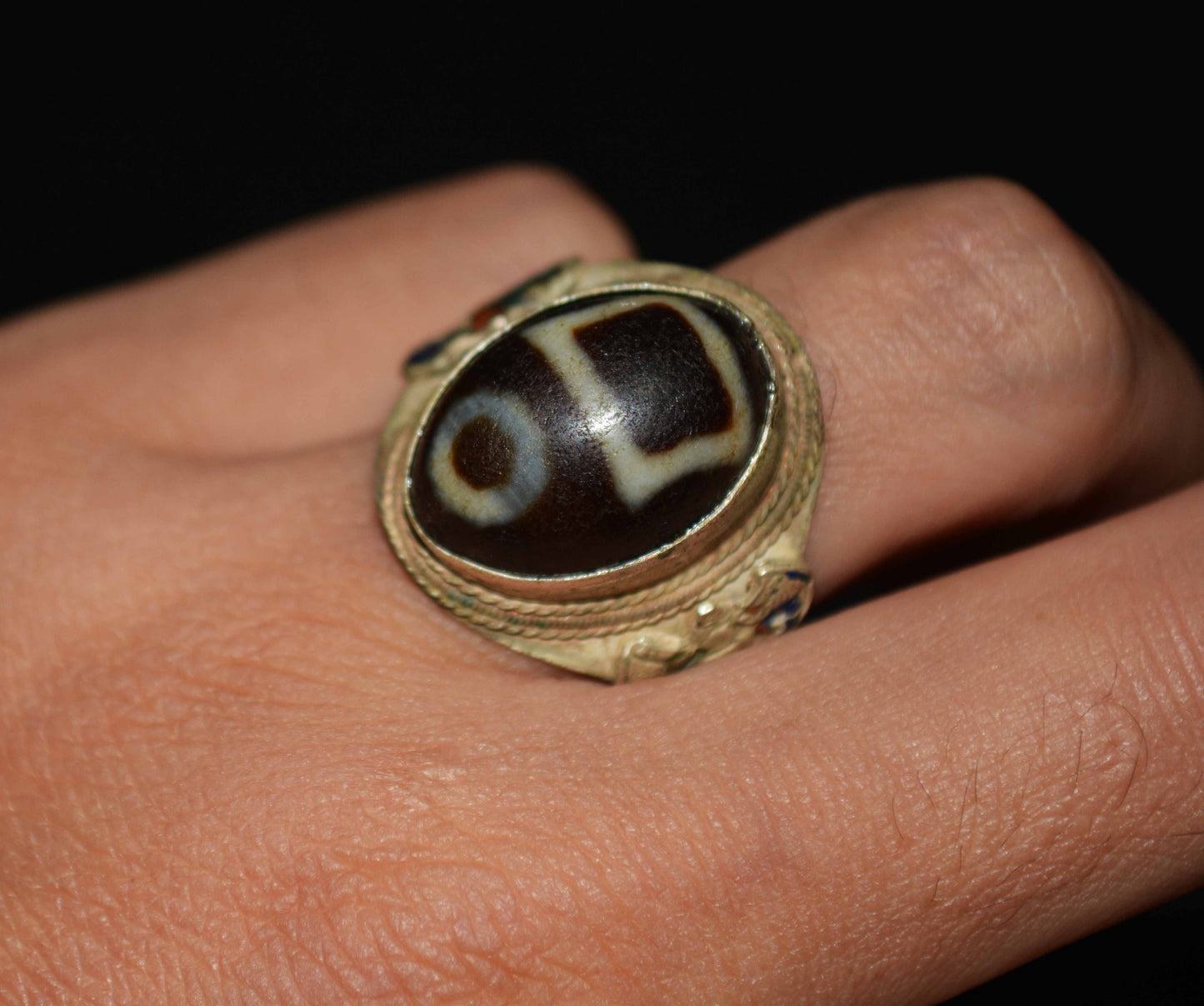 Real Tibetan Ancient Sakor Namkor Dzi Bead Ring Amulet Himalaya Pure Heaven and Earth Gzi Genuine Old Antique Agate Talisman