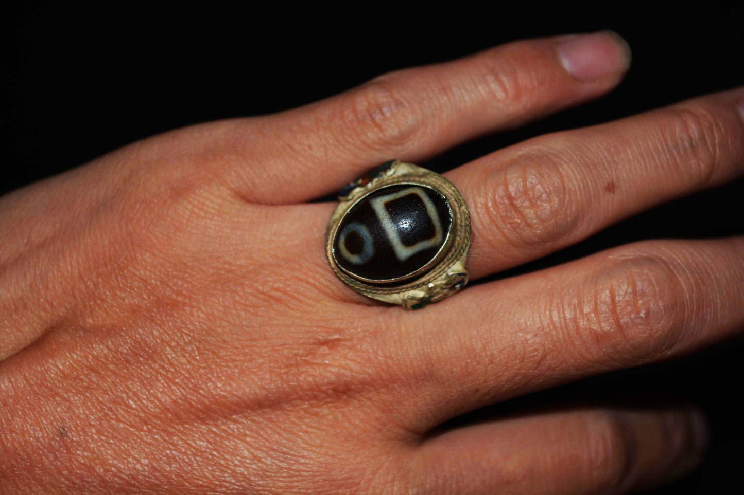 Real Tibetan Ancient Sakor Namkor Dzi Bead Ring Amulet Himalaya Pure Heaven and Earth Gzi Genuine Old Antique Agate Talisman