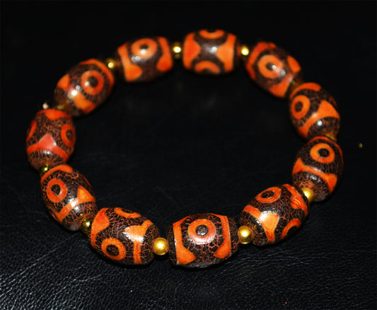 Real Tibetan Ancient Three Eyes Dzi Bead Bracelet Amulet Himalaya Old Antique Real Agate Nepal 3 Eyed Pure Gzi Talisman Mala Prayer Beads