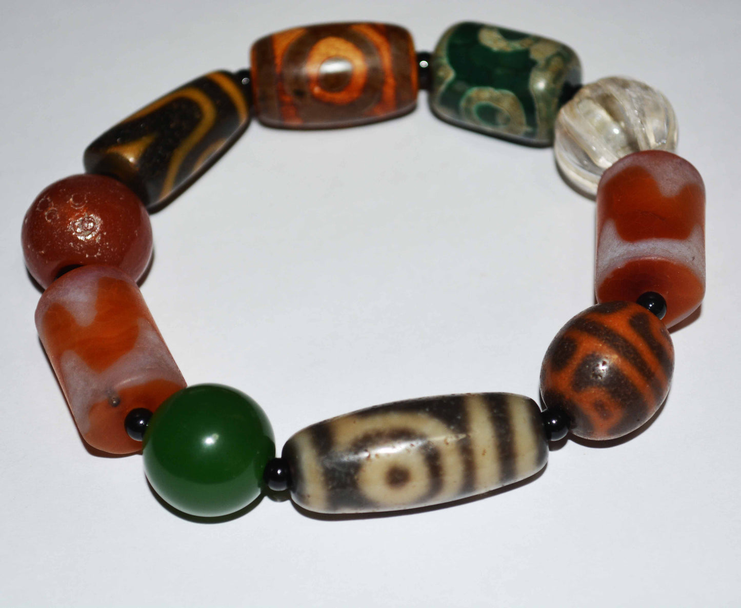 Real Tibetan Ancient Three Eyes Dzi Bead Bracelet Tiger Tooth Lotus Amulet Genuine Old Antique Himalaya Agate Two Eyed Pure Gzi Mala Talisman