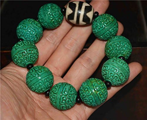 Real Tibetan Ancient Tiger Tooth Dzi Bead Amulet Turquoise Bracelet Himalayan Pure Water Wave Gzi Old Antique Agate ZigZag Talisman Mala