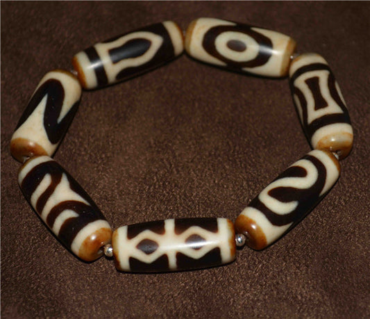 Real Tibetan Ancient Tiger Tooth Dzi Bead Bracelet Three Eyes Vajra Dorje Sakor Namkor Amulet Himalaya Agate Pure Water Wave Gzi Old Antique Talisman