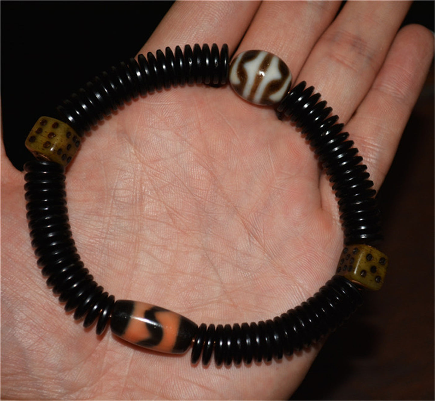 Real Tibetan Ancient Tiger Tooth Dzi Bead Bracelet Water Wave Amulet Himalayan Agate Pure Gzi Dice Talisman Mala