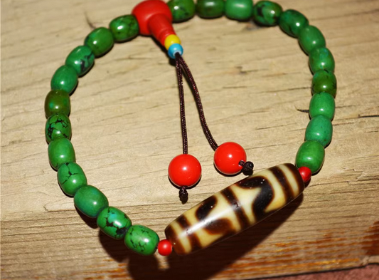 Real Tibetan Ancient Tiger Tooth Dzi Bead Turquoise Bracelet Himalayan Amulet Pure Water Wave Gzi Old Antique Agate ZigZag Talisman Mala