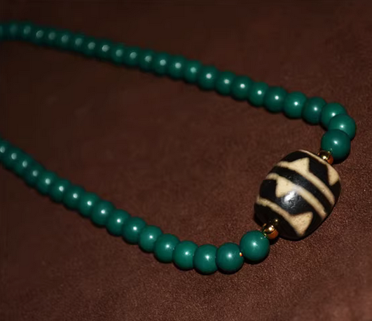 Real Tibetan Ancient Tiger Tooth Dzi Bead Turquoise Necklace Himalayan Amulet Pure Water Wave Gzi Old Antique Agate ZigZag Talisman Mala