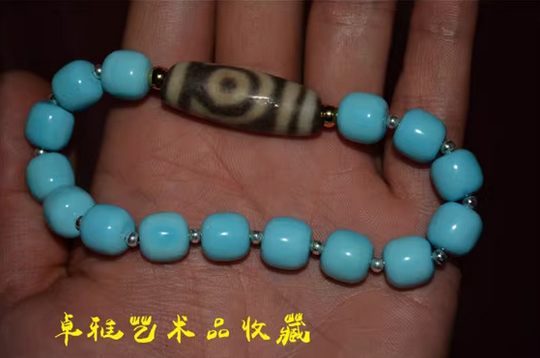 Real Tibetan Ancient Two Eyes Dzi Bead Turquoise Bracelet Himalayan Amulet Pure Gzi Old Antique Agate Talisman Mala