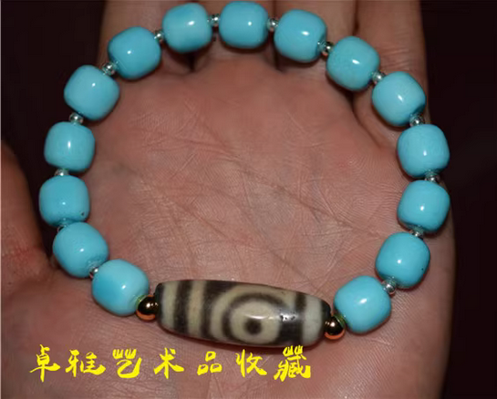 Real Tibetan Ancient Two Eyes Dzi Bead Turquoise Bracelet Himalayan Amulet Pure Gzi Old Antique Agate Talisman Mala