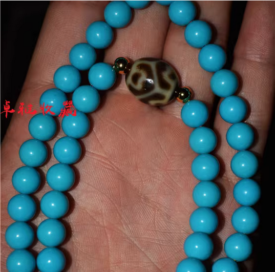 Real Tibetan Old Ancient Lotus Dzi Bead Turquoise Necklace Himalayan Amulet Pure Six Eyes Gzi Antique Agate Talisman Mala