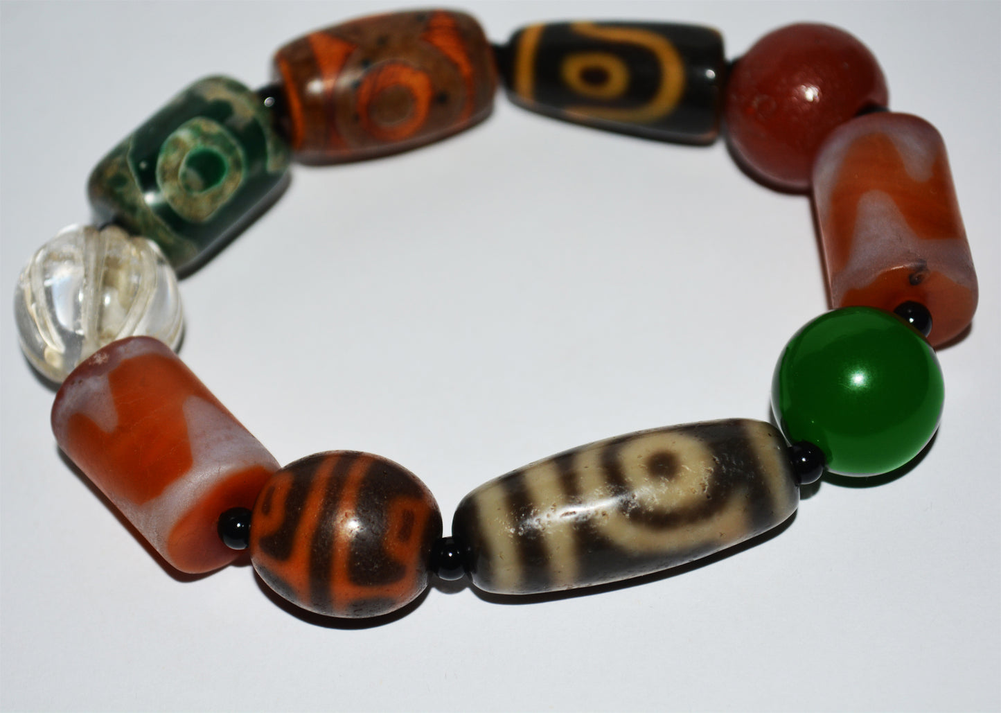 Real Himalaya Ancient Dzi Bead Bracelet Tiger Tooth Two Eyes Three Eyed Crystal Pema Raka Nanhong Agate Mala Prayer Beads
