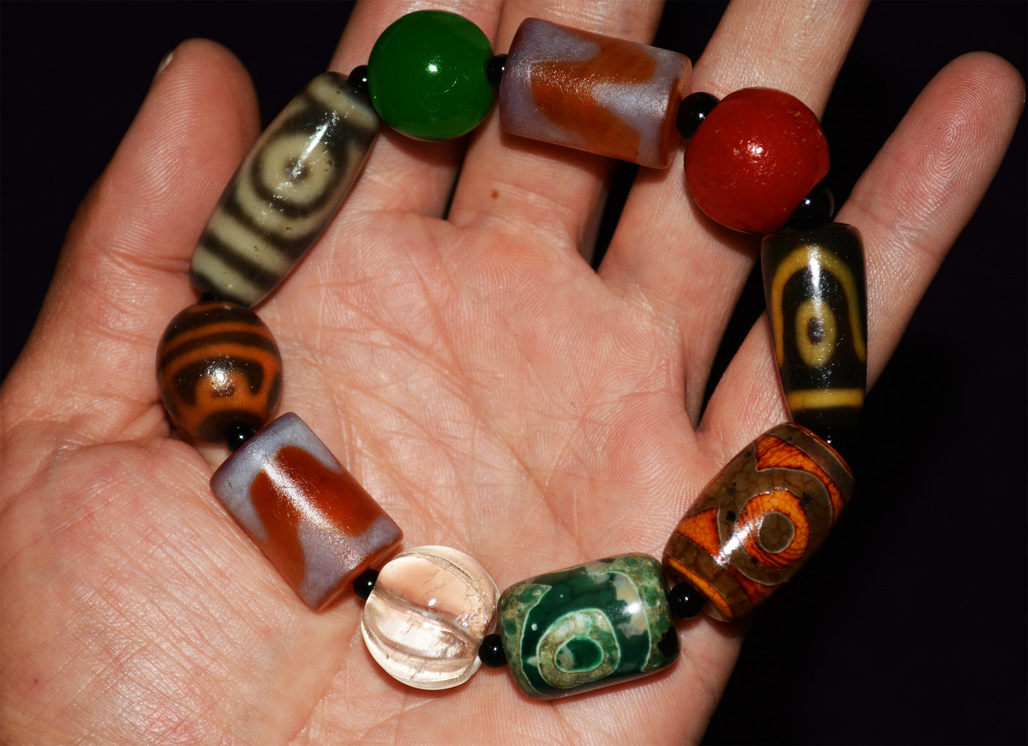 Real Himalaya Ancient Dzi Bead Bracelet Tiger Tooth Two Eyes Three Eyed Crystal Pema Raka Nanhong Agate Mala Prayer Beads