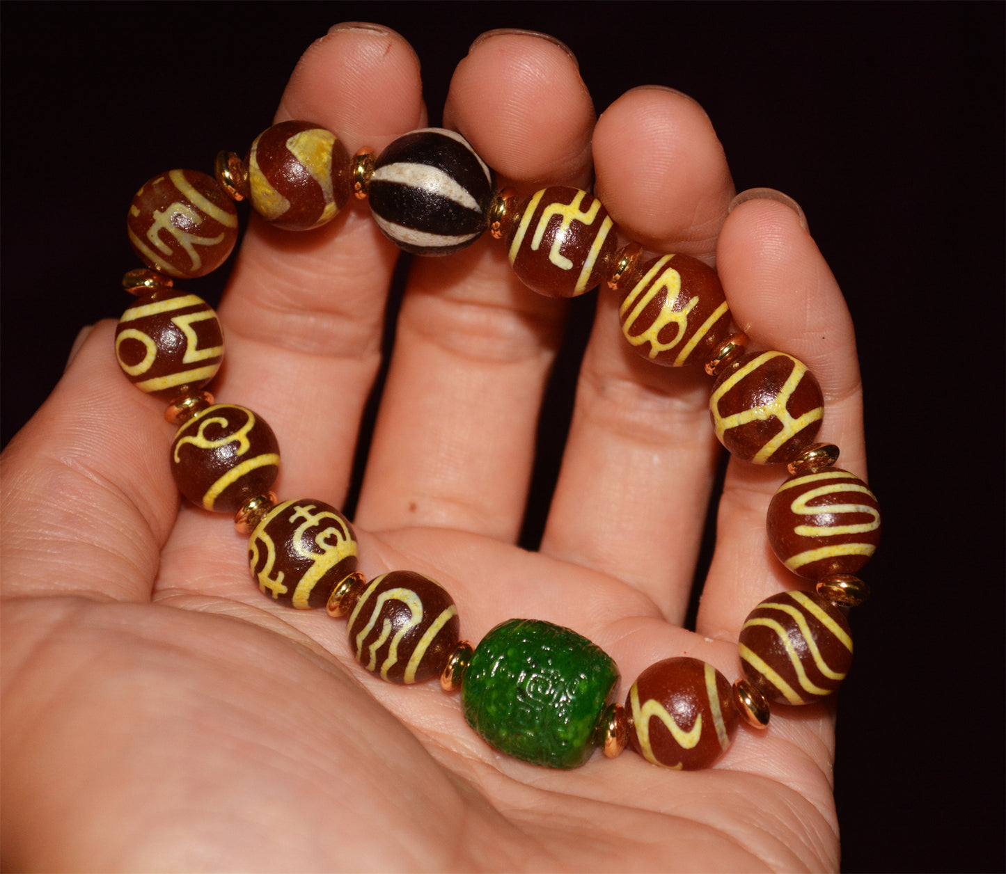 Real Tibetan Old Ancient Water Wave Dzi Beads Bracelet Amulet Mala Himalayan Agate Nectar Bottle Tiger Tooth Gzi Tibet Prayer Talisman