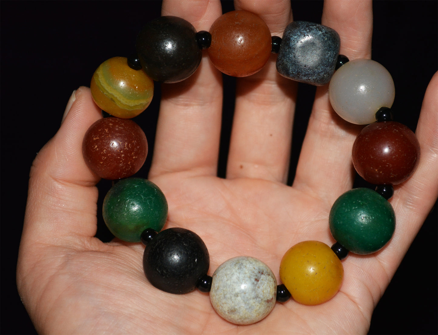 Real Tibetan Old Antique Agate Bracelet Ancient Carnelian Yellow Green Red Black White Mala Prayer Beads Rosary Natural Genuine Worry