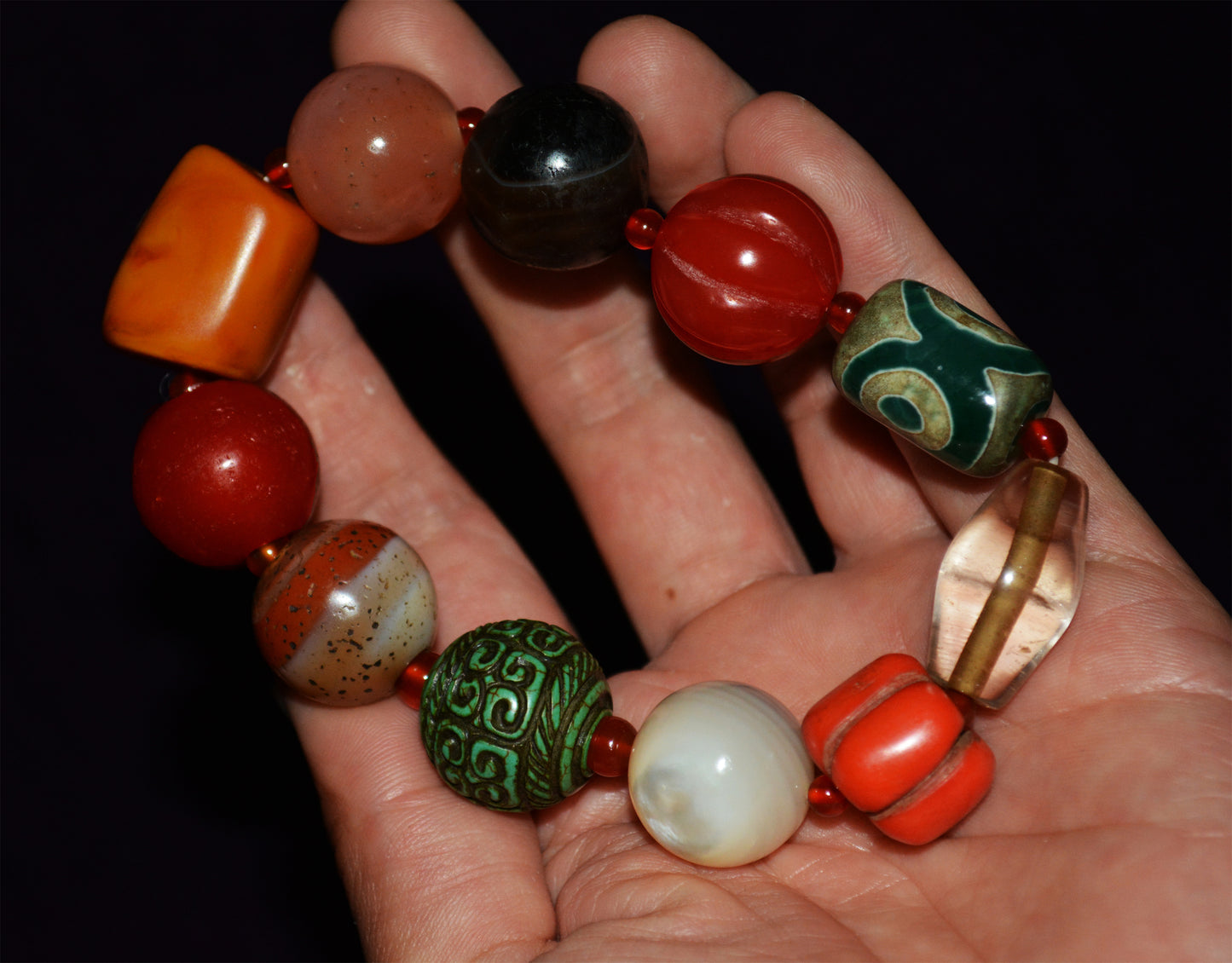 Real Tibetan Old Antique Amber Bracelet Crystal Turquoise Red Coral Pema Raka Nanhong Agate Three Eyes Dzi Bead Mala Prayer Beads