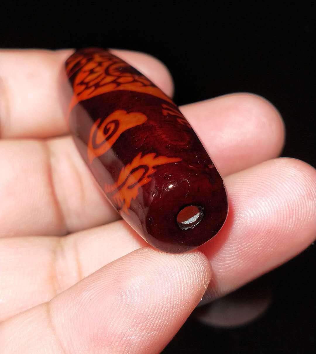 Real Tibetan Old Antique Dragon Dzi Bead Pendant Amulet Himalaya Genuine Agate Pure