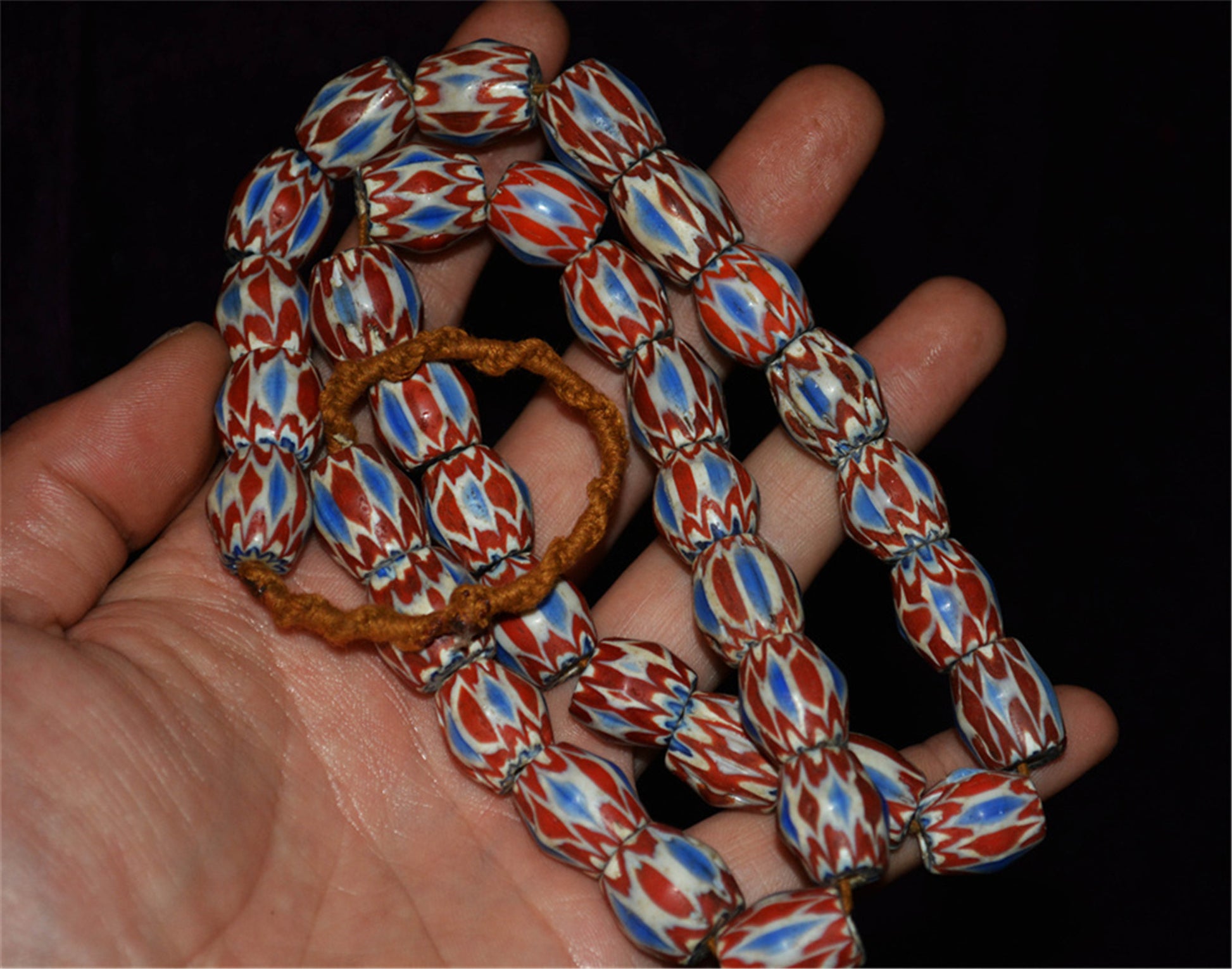Tibetan Antique Glass Beads Necklace African Trade Chevron Venetian Bracelet Vintage Himalaya Strands Mala Rosary