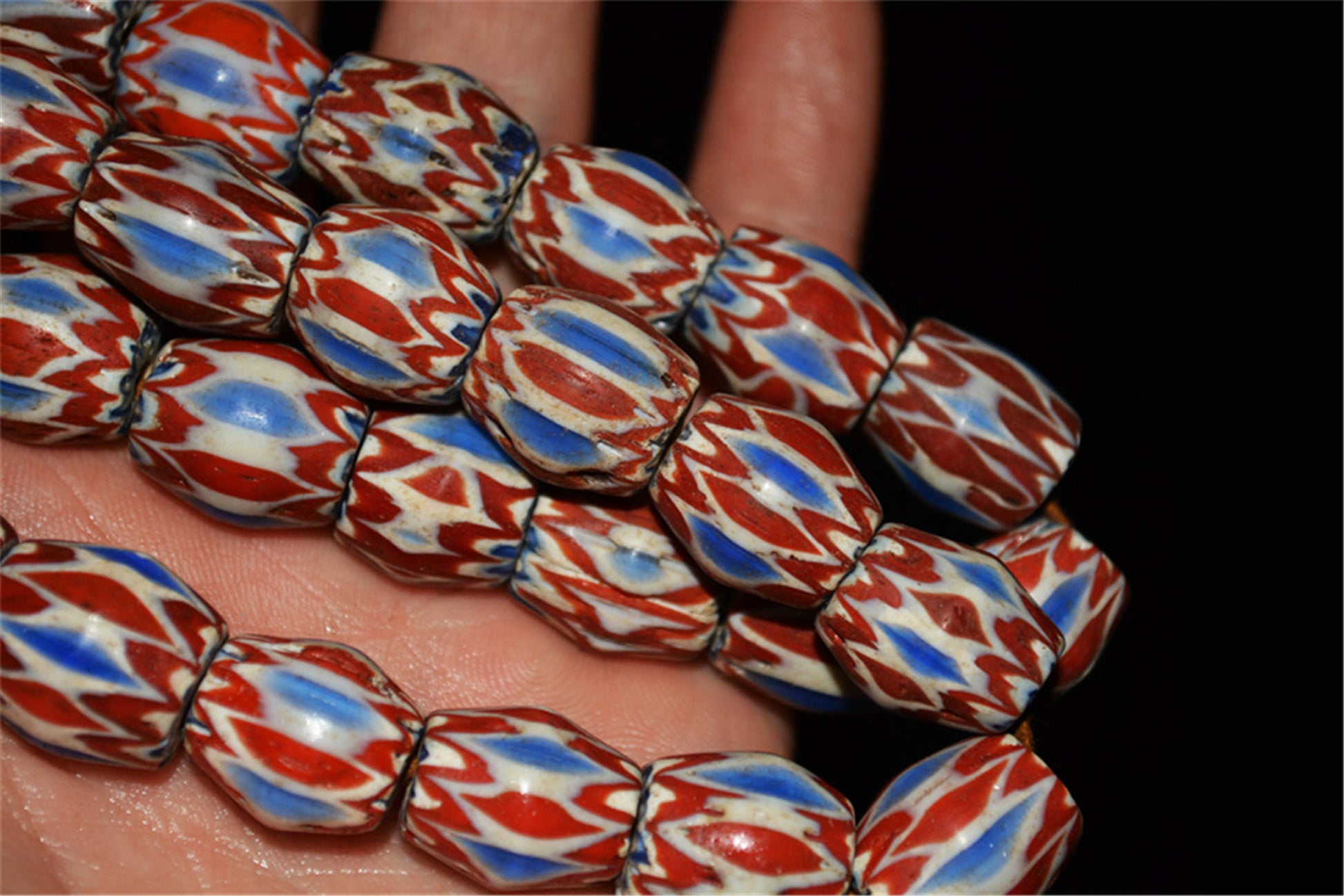 Tibetan Antique Glass Beads Necklace African Trade Chevron Venetian Bracelet Vintage Himalaya Strands Mala Rosary