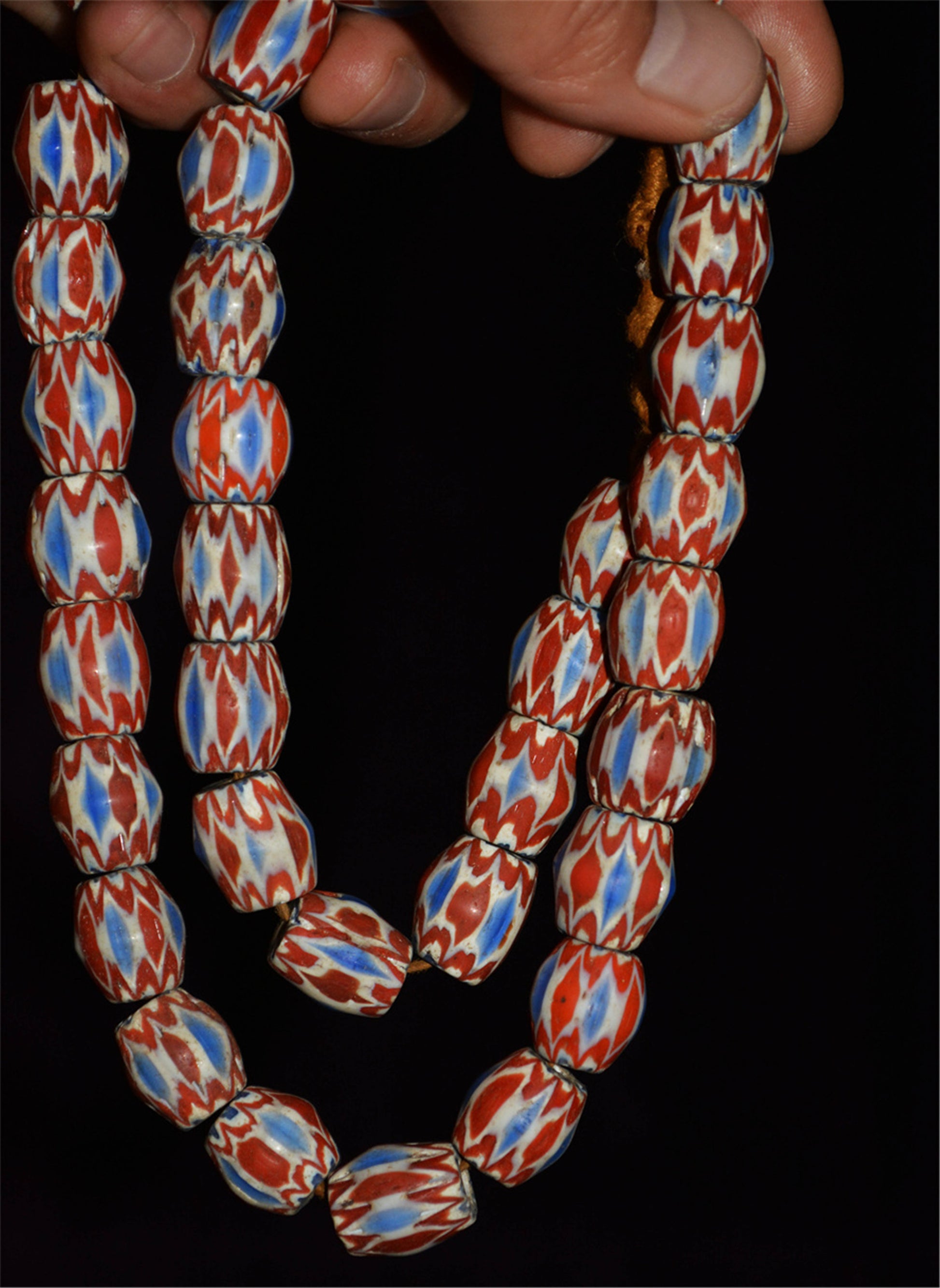 Tibetan Antique Glass Beads Necklace African Trade Chevron Venetian Bracelet Vintage Himalaya Strands Mala Rosary