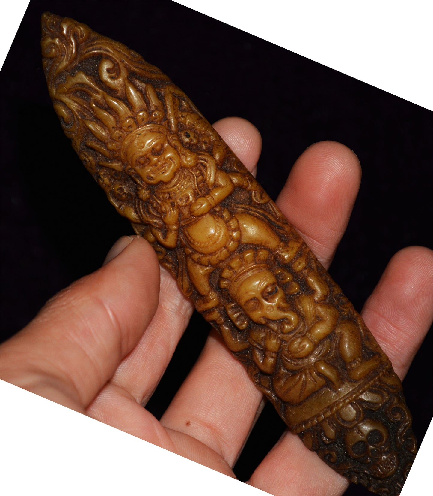 Real Tibetan Old Antique Kapala Bone Mahakala Buddha Amulet Statue Himalaya Genuine Talisman Ganesha