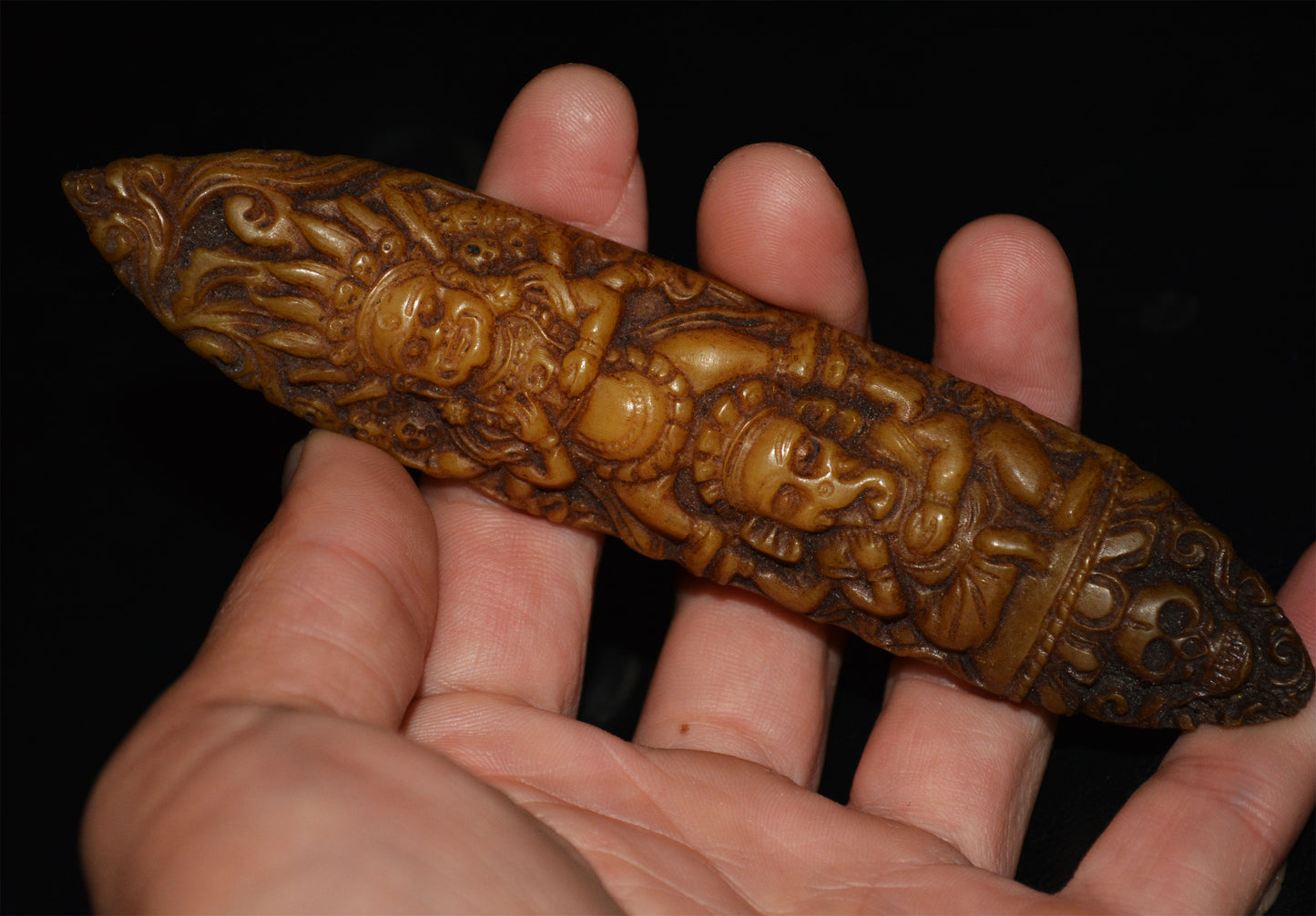 Real Tibetan Old Antique Kapala Bone Mahakala Buddha Amulet Statue Himalaya Genuine Talisman Ganesha