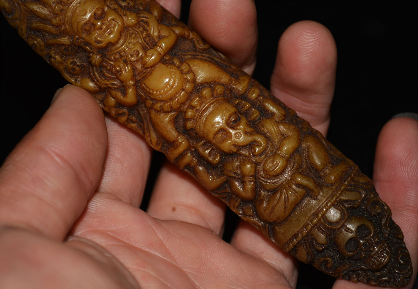 Real Tibetan Old Antique Kapala Bone Mahakala Buddha Amulet Statue Himalaya Genuine Talisman Ganesha