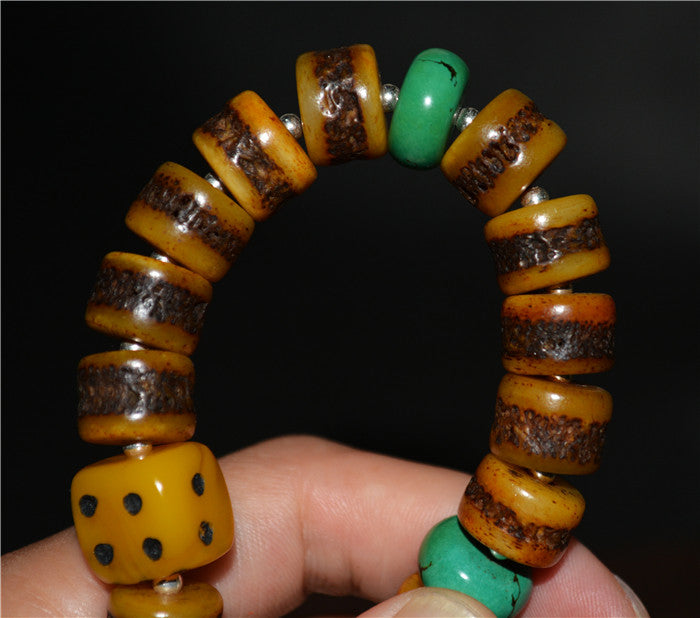 Real Tibetan Old Antique Kapala Bone Mala Prayer Beads Bracelet Rosary Himalayas Buddhism Worry Turquoise Amulet