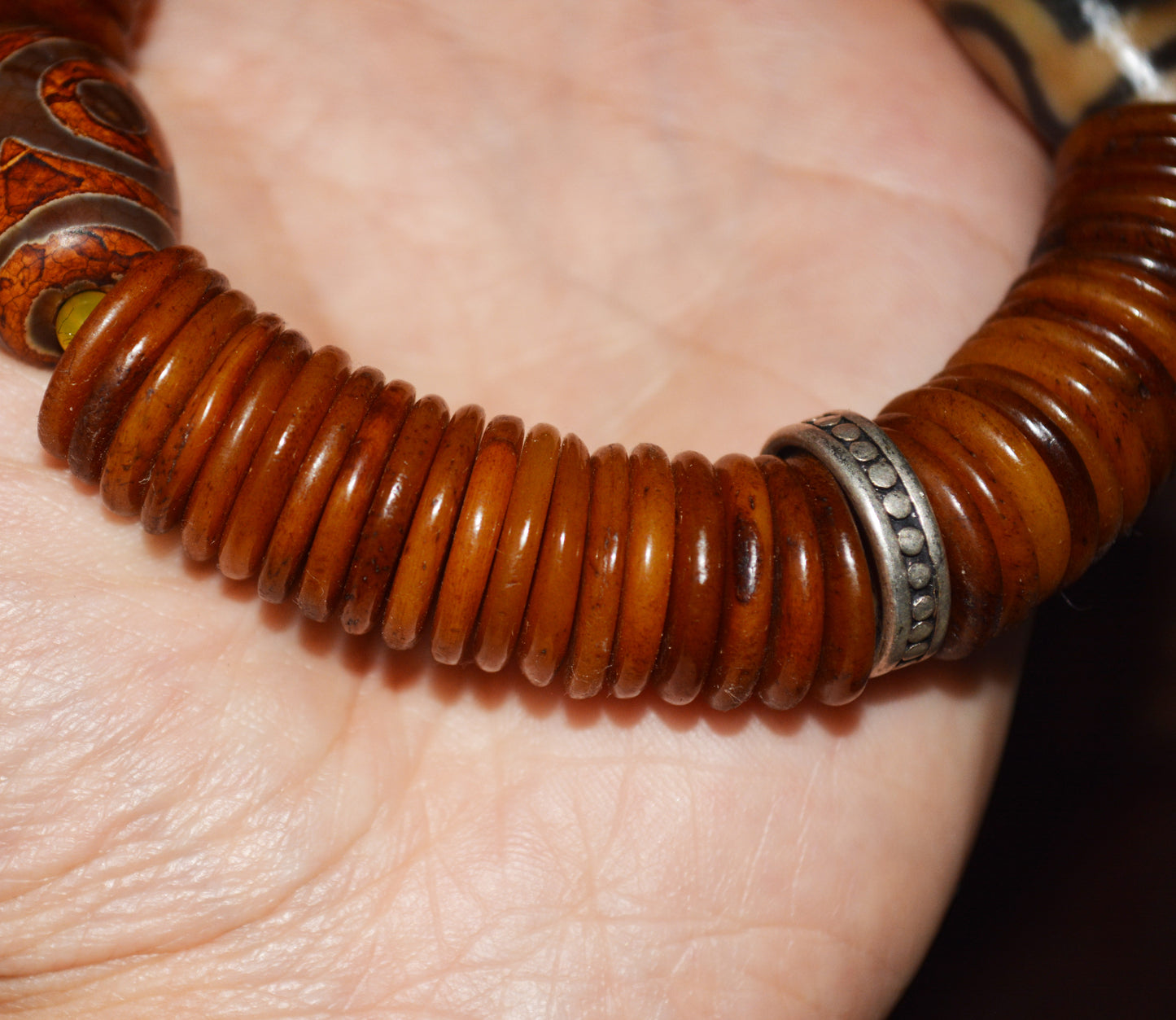 Real Tibetan Old Antique Kapala Bone Mala Prayer Beads Bracelet Rosary Himalayas Three Two Eyes Dzi Buddhism Worry Amulet