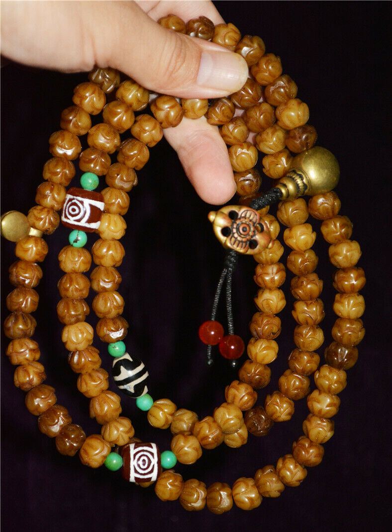 Real Tibetan Old Antique Kapala Bone Prayer Beads Mala Bracelet Rosary Himalayas 108 Buddhism Worry Necklace Amulet Lotus