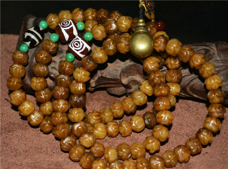 Real Tibetan Old Antique Kapala Bone Prayer Beads Mala Bracelet Rosary Himalayas 108 Buddhism Worry Necklace Amulet Lotus